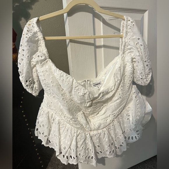 Express Tops - White lace peplum off-the-shoulder crop top